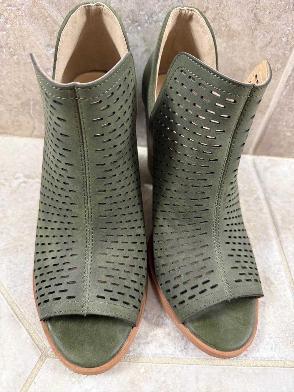 Restricted Olive Green Perforated Peep-Toe Ankle Booties Size 8.5